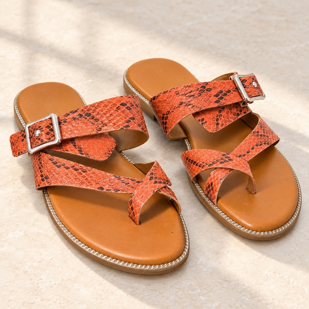 Franco Sarto Gavlorng Orange Snake Print Toe Loop Slide Sandals Womens 10M